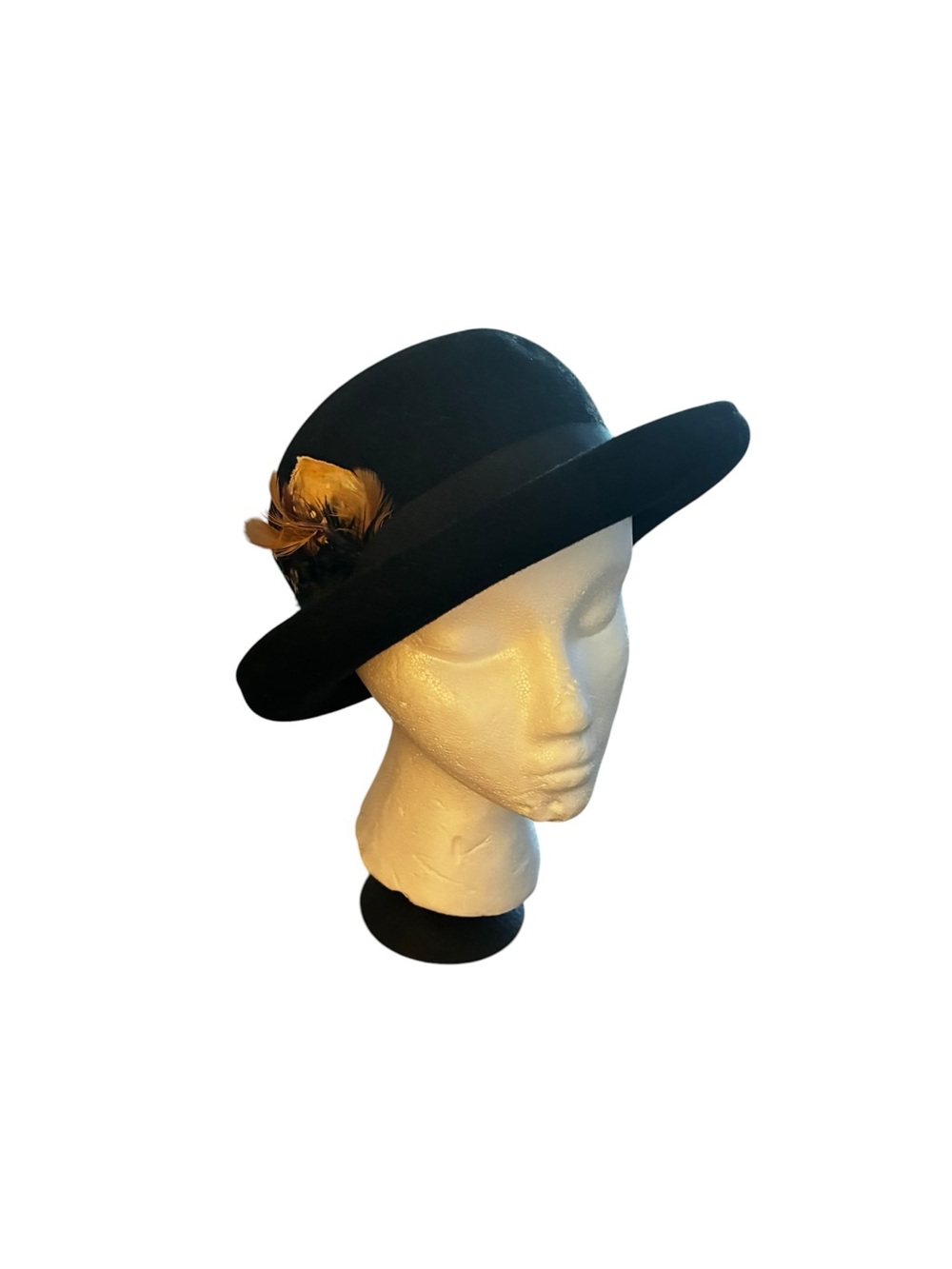 Black Wool Felt Bowler Hat with Feather Trim